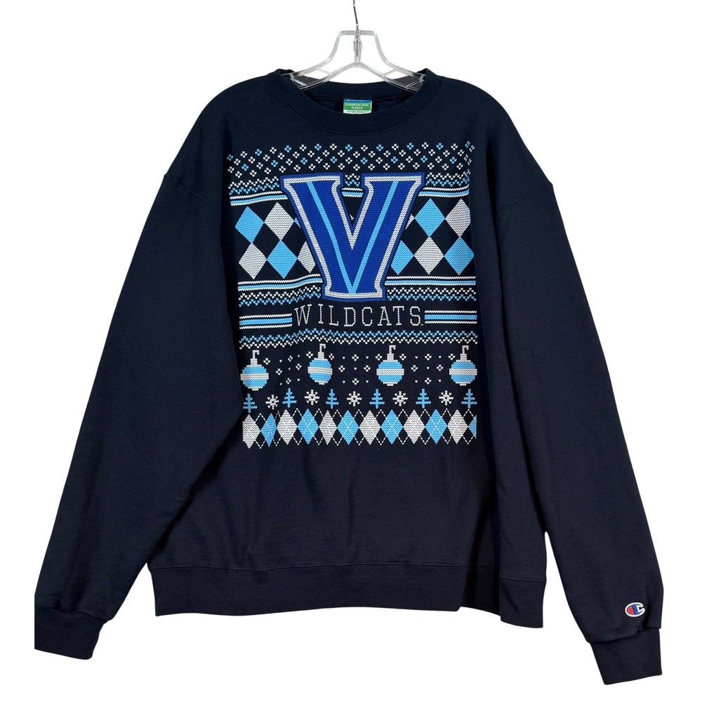 Champion Villanova Wildcats Ugly Christmas Sweater Navy Blue Fleece XL Fair Isle